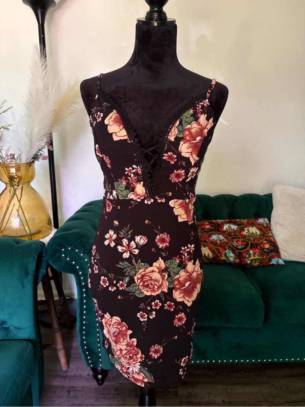 Black Floral Lace-Trim Mini Dress with Pink Roses